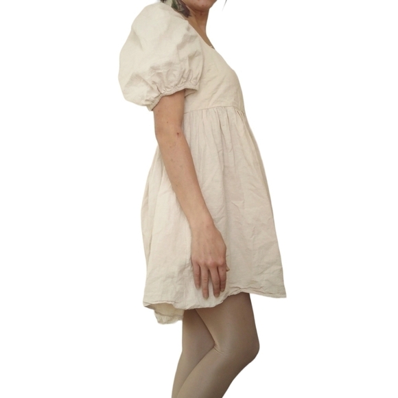Jacquie the Label Beige Puff Sleeve Mini Babydoll Dress Medium - Picture 4 of 6